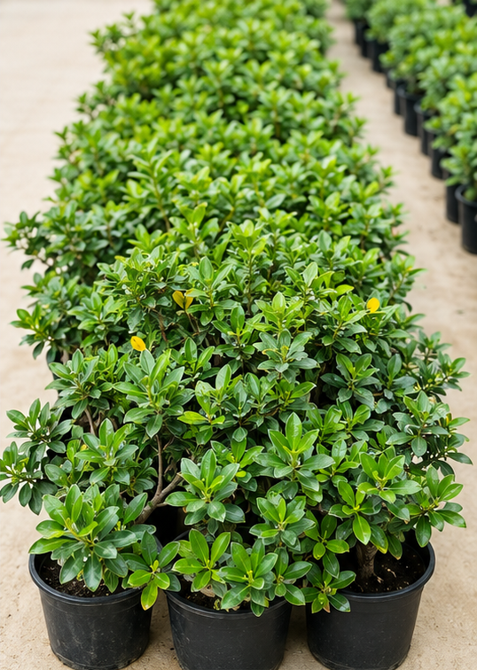 Rows of Hawaii Ficus plants growing in nursery pots at the Souq Garden farm in Umm Al Quwain
