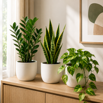 Low-Light Apartment Trio – ZZ, Snake Plant & Money Plant