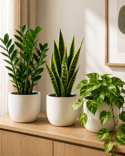 Low-Light Apartment Trio – ZZ, Snake Plant & Money Plant