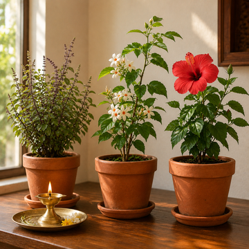 Pooja Corner Set – Tulsi, Parijatha & Hibiscus