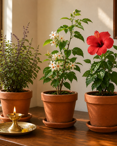 Pooja Corner Set – Tulsi, Parijatha & Hibiscus